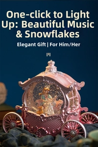 Pink princess pumpkin carriage music box with glowing crystal ball and automatic snow effect