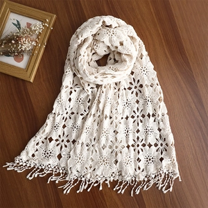 Detail of beige knit scarf featuring intricate hollow crochet lace and tassel hem fringe