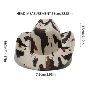 Detailed size chart for cow print cowboy hat with dimensions in centimeters and inches