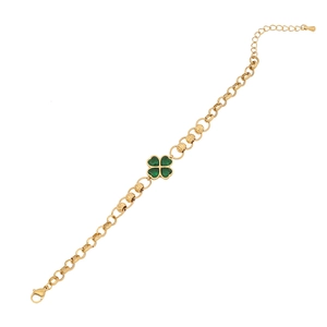 Gold stainless steel bracelet with green four-leaf clover pendant and lobster clasp