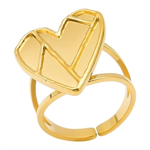 Adjustable gold stainless steel ring featuring a geometric heart-shaped engraved top