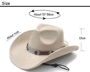 Beigefarbener Western-Cowboyhut mit Nietenlederband und Detailangaben zur Größe