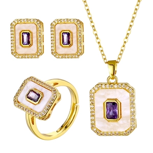 18K Gold Plated Jewelry Necklace Earrings Ring Rectangular Mother Of Artificial Pearl CZ Gemstone Vintage Elegant For Women