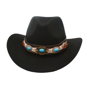 Classic black wool fedora with turquoise and leather ethnic trim on white background