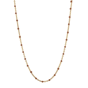 Detail of gold Rolo chain necklace featuring evenly spaced brown enamel beads