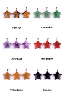 Selection of star-shaped natural gemstones featuring tiger eye, amethyst and obsidian