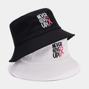 Never Give Up Letter Embroidery Bucket Hat Cotton Pink Ribbon Awareness Sunshade Outdoor Casual Sun Hat