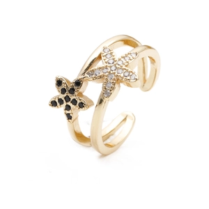 Fashion Starfish Double Layer Open Ring Women Adjustable Copper Micro Pave Zircon Ocean Style Jewelry Gift