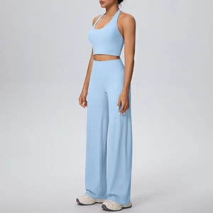 Sky blue halter neck sports bra and wide leg yoga pants two-piece athletic set for women