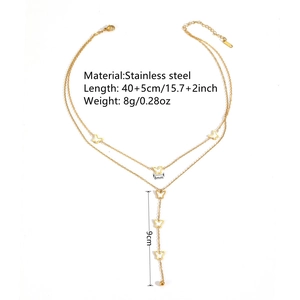 Gold double-layer stainless steel necklace with five white butterfly charms and Y-shape drop