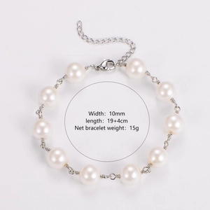 Detail view of 10mm baroque pearls with silver metal chain and product dimensions