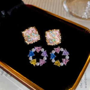 Heart Color Crystal Artificial Pearl Wreath Earrings With Silver Earring Post Vintage Enamel Flower Rhombic Jewelry For Women