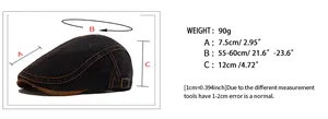 Size chart showing denim beret cap dimensions with weight and head circumference guide