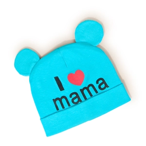Detail of blue knitted baby hat featuring cute ears and I love mama print design