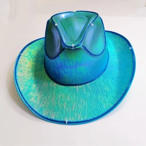 Detail of holographic cowboy hat featuring shimmering blue and green metallic fabric