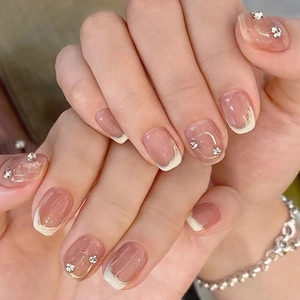 Unghie Press On Stile Francese Rosa Nude Strass Linea Dorata Unghie Finte Artificiali Manicure Elegante