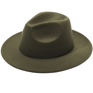 Classic army green wool fedora hat featuring a teardrop crown and wide flat brim detail