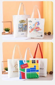Detail of custom printed canvas bags showing high-quality silk screen logos and graphics