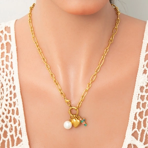 18k gold plated stainless steel necklace with pearl, heart and colorful cross charms