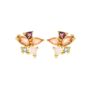 Elegant S925 sterling silver butterfly stud earrings with pink and orange zircon stones