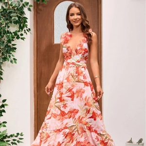 Floral Print One Piece Swimsuit With 3D Flower Applique V Neck Backless Beachwear And Maxi Skirt For Women