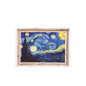 3D resin fridge magnet featuring Van Gogh's Starry Night in a vintage frame on white backdrop