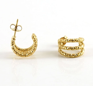 Detailed view of gold textured triple hoop earrings crafted in premium stainless steel