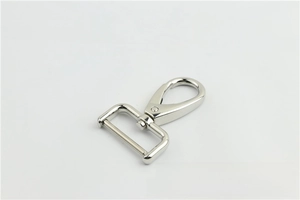 Close-up of polished silver swivel lobster clasp with flat D-ring for bag straps