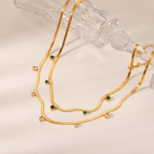 Double-layer 18K gold snake chain necklace with round green and white zircon accents