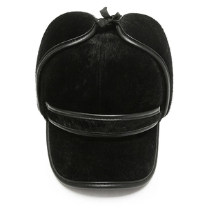 Men's winter black faux fur trapper hat with leather trim and thick thermal ear flaps