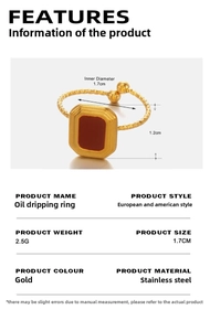 Detailed dimensions of the gold stainless steel ring with red rectangular enamel inlay