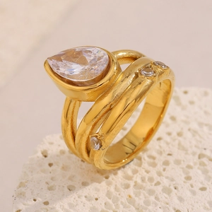 18K gold plated multi-layer wave ring with pear-cut zircon on white mineral stone