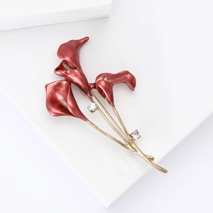 Elegant red enamel Calla Lily brooch in gold finish with crystal accents for women