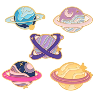 5Pcs set of galaxy planet enamel pins in purple and pink for backpack and scarf styling