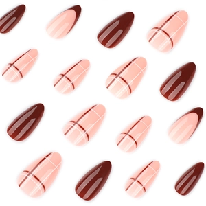 Short almond press-on nails set with chocolate brown, plaid patterns and French tips