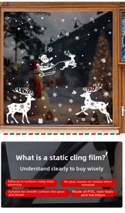 Close-up of white Christmas reindeer and snowflake static cling stickers for glass windows