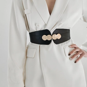 Chic black elastic wide waist belt for women with elegant round gold metal buckle