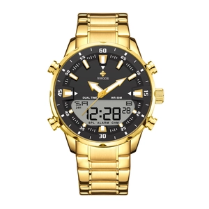 WWOOR men's gold stainless steel quartz watch with dual display and black dial