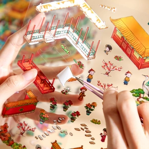 3D vintage Chinese scenery stickers with PET material featuring ancient pavilions and figures