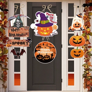 Halloween front door hanging signs with pumpkin bat motifs and spooky party slogans