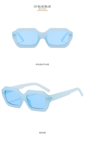 Front and side views of light blue rectangle sunglasses with wide geometric resin frames