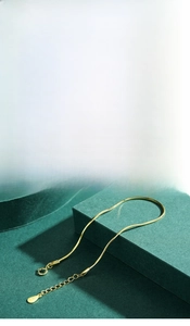 Macro detail of gold snake bone chain bracelet with extension and spring clasp