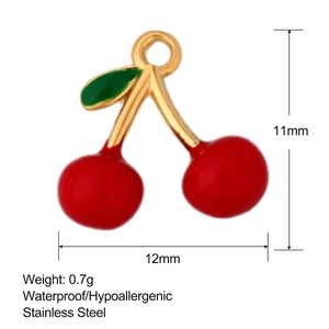 Detail view of cherry pendant dimensions 11mm by 12mm with stainless steel material specs