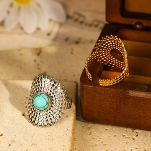 Retro stainless steel open ring with turquoise stone and dotted texture in gold and silver