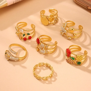 7pcs gold-plated steel ring set featuring ladybug cherry and zircon accents