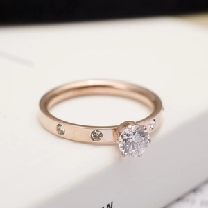 Titanium Steel Solitaire Ring Round Clear Zircon Prong Set Elegant Fashion Jewelry For Women