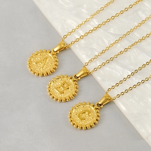 18k gold plated stainless steel coin necklace with engraved initial letter pendants
