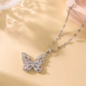 French style silver butterfly necklace with sparkling zircon pendant on a luxury chain