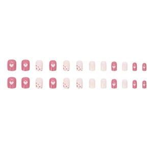 Sweet pink and cream short square press-on nails with heart patterns and dot designs
