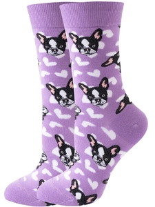 Detail of purple cotton crew socks featuring cartoon French Bulldog and heart patterns